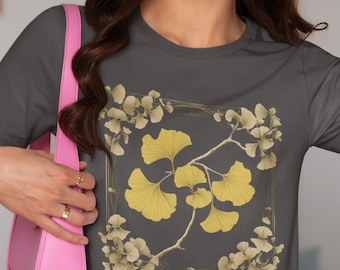 Camiseta con estampado botánico lineal: estampado minimalista de ginkgo, camiseta de estilo neutro y tranquilo.