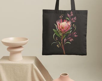 Borsa tote con fiori di protea, borsa tote botanica, regalo per amanti delle piante, borsa per mercato floreale, borsa tote per amanti della natura, borsa in tela estetica