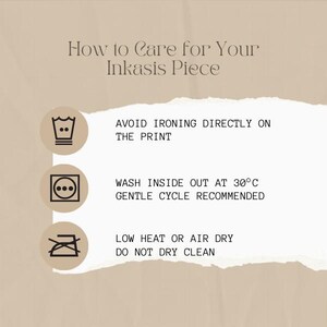Care instructions image showing how to wash and dry printed clothing to maintain quality and print durability