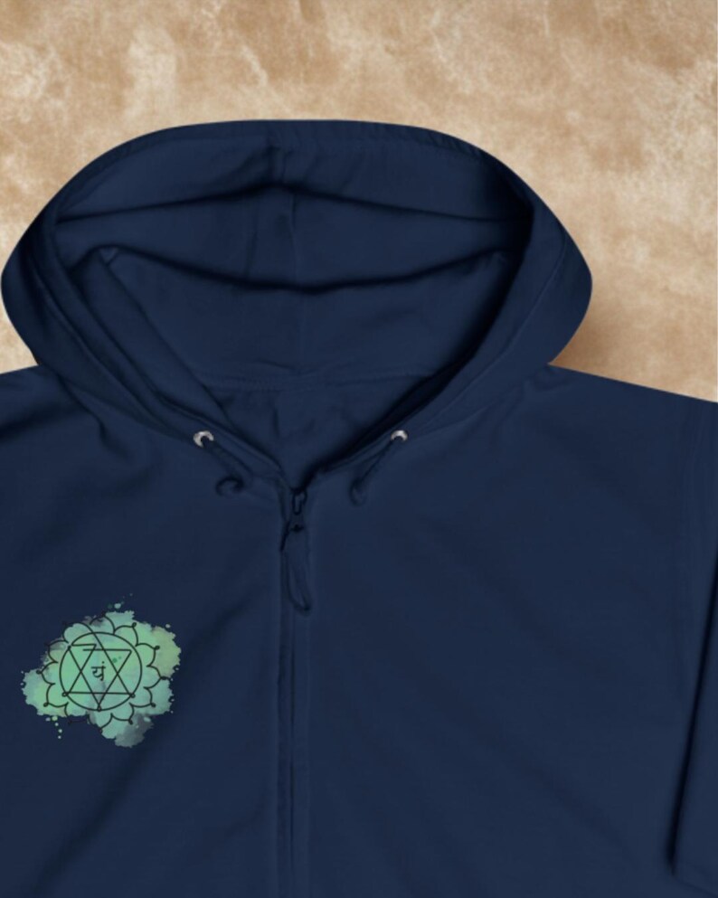Sudadera unisex con capucha y cremallera con diseño de chakra del corazón y mandala de geometría sagrada imagen 11