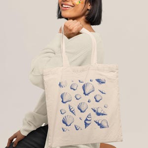 Seashell Tote Bag Cotton Canvas Beach Bag Coastal  Summer Accessory Eco Friendly Shopping Tote Nautica Ocean Lovers Gift