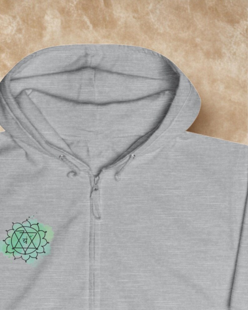 Sudadera unisex con capucha y cremallera con diseño de chakra del corazón y mandala de geometría sagrada imagen 12