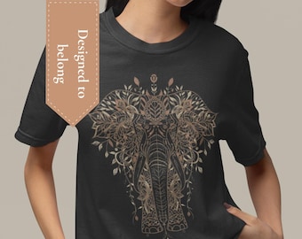 Maglietta unisex con mandala e elefante, geometria sacra, arte animale, colori comfort