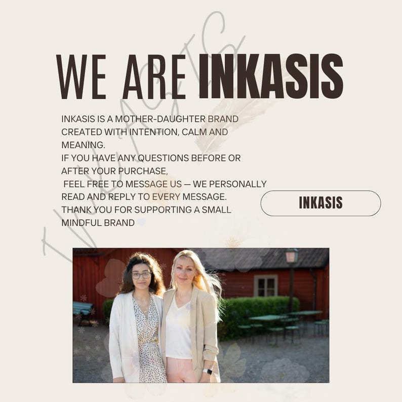 About us image showing a mother and daughter founders with a message about a small mindful brand and personal customer support