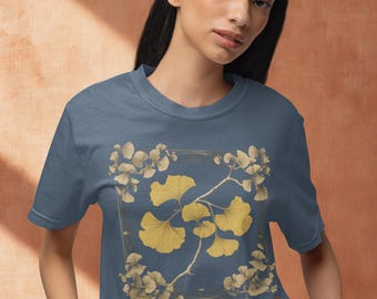 Camiseta botánica con hoja de ginkgo – Top minimalista con diseño de naturaleza lineal.
