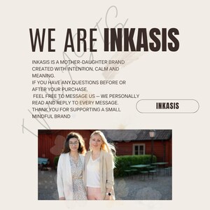 About us image showing a mother and daughter founders with a message about a small mindful brand and personal customer support