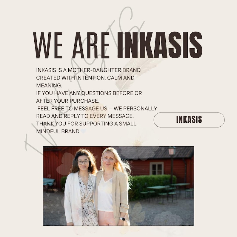 About us image showing a mother and daughter founders with a message about a small mindful brand and personal customer support