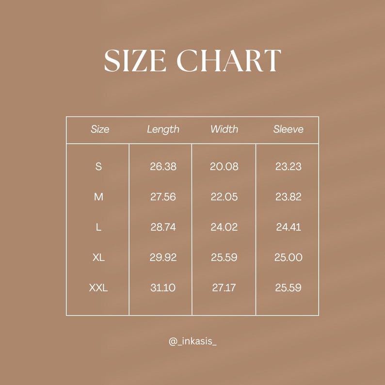 Size chart in inches for unisex zip hoodie showing measurements for sizes S, M, L, XL and XXL including length, width and sleeve length on a beige background.