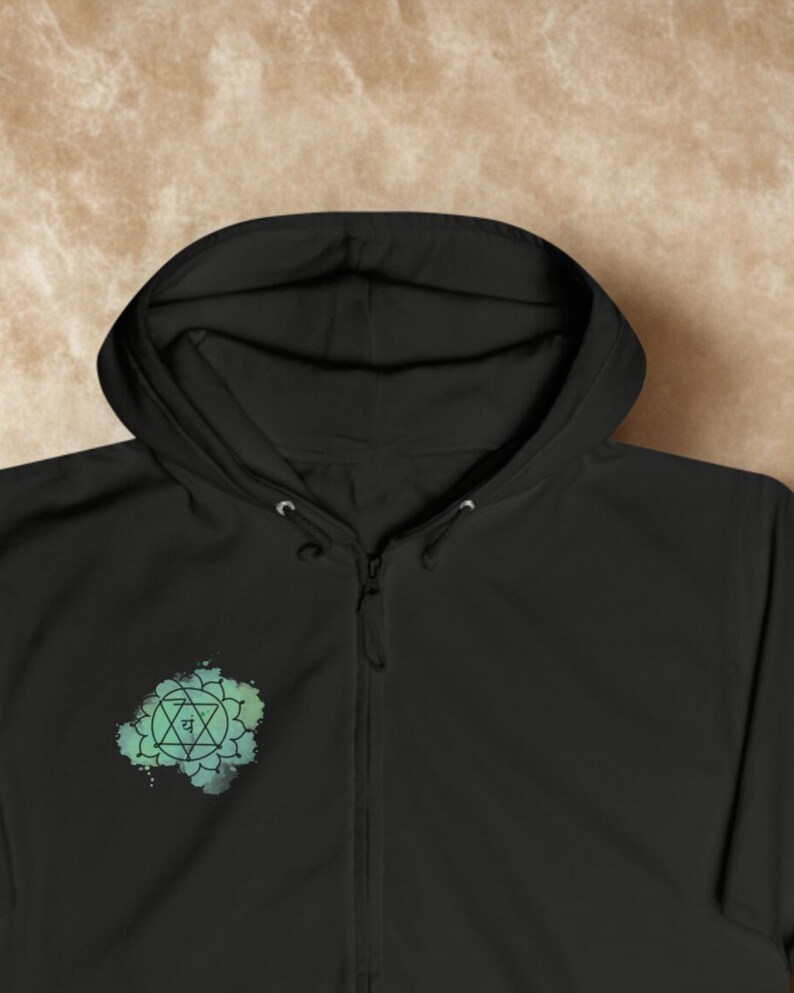 Sudadera unisex con capucha y cremallera con diseño de chakra del corazón y mandala de geometría sagrada imagen 10
