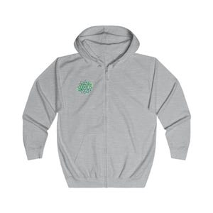 A gray full-zip hoodie featuring a minimalist Anahata chakra symbol on the right chest. Comfortable, casual fit for spiritual and everyday wear.