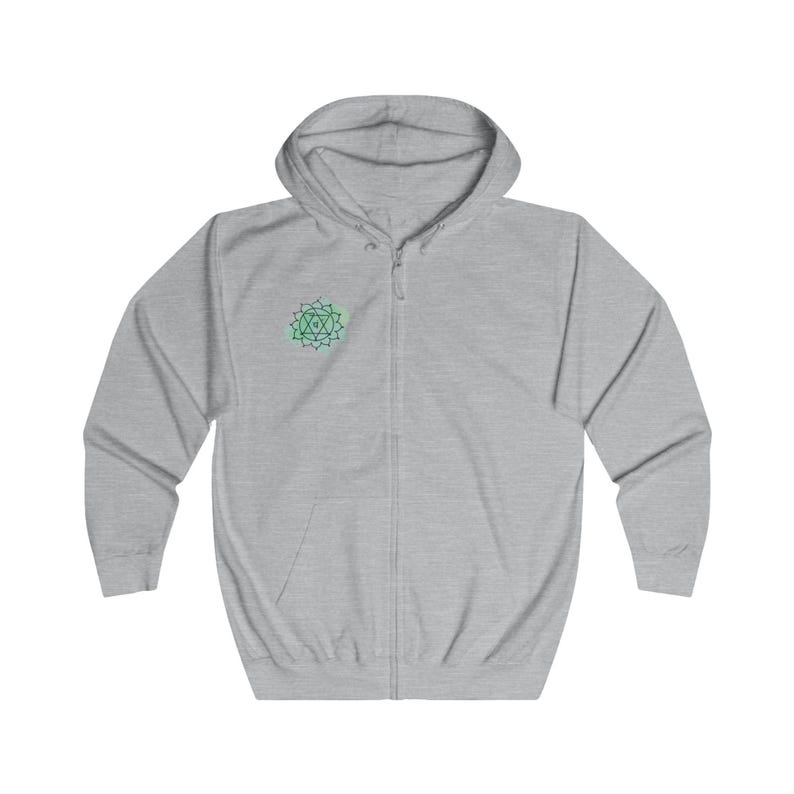 A gray full-zip hoodie featuring a minimalist Anahata chakra symbol on the right chest. Comfortable, casual fit for spiritual and everyday wear.
