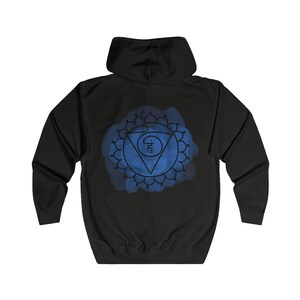 Unisex Zip Hoodie Throat Chakra, Mandala Sacred Geometry Hoodie Jet Black