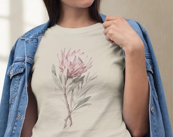 Maglietta per amanti delle piante, ispirata alla natura, con motivo a fiore di protea, grafica botanica, regalo floreale a tema natura, maglietta minimalista da donna.