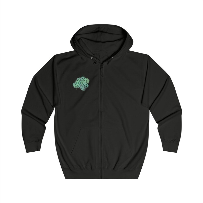 A sleek black full-zip hoodie with a subtle Anahata chakra emblem on the right chest. Ideal for layering and promoting emotional well-being.