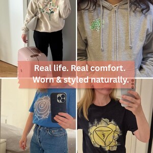 Lifestyle collage showing real women wearing Inkasis apparel including peony sweatshirt, chakra hoodie and symbolic graphic tees, styled naturally to highlight fabric comfort and print quality.