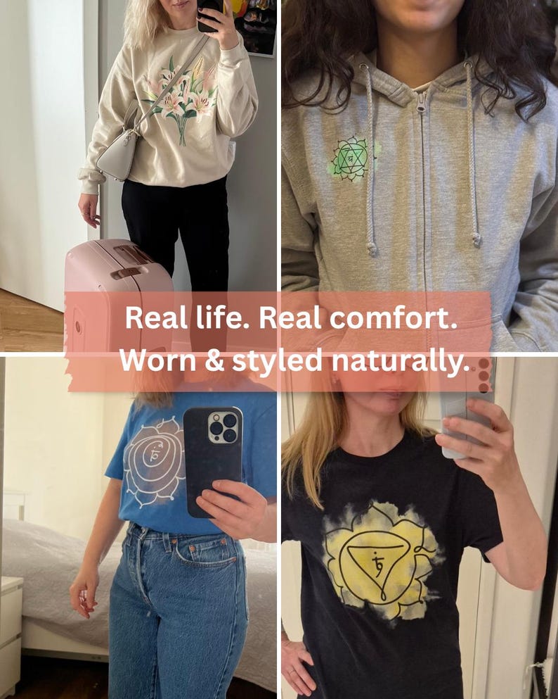 Lifestyle collage showing real women wearing Inkasis apparel including peony sweatshirt, chakra hoodie and symbolic graphic tees, styled naturally to highlight fabric comfort and print quality.