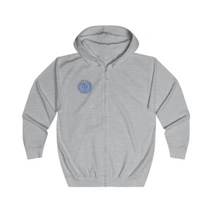 Soft cotton blend Vishuddha Throat Chakra hoodie, ideal for spiritual growth and mindful living.