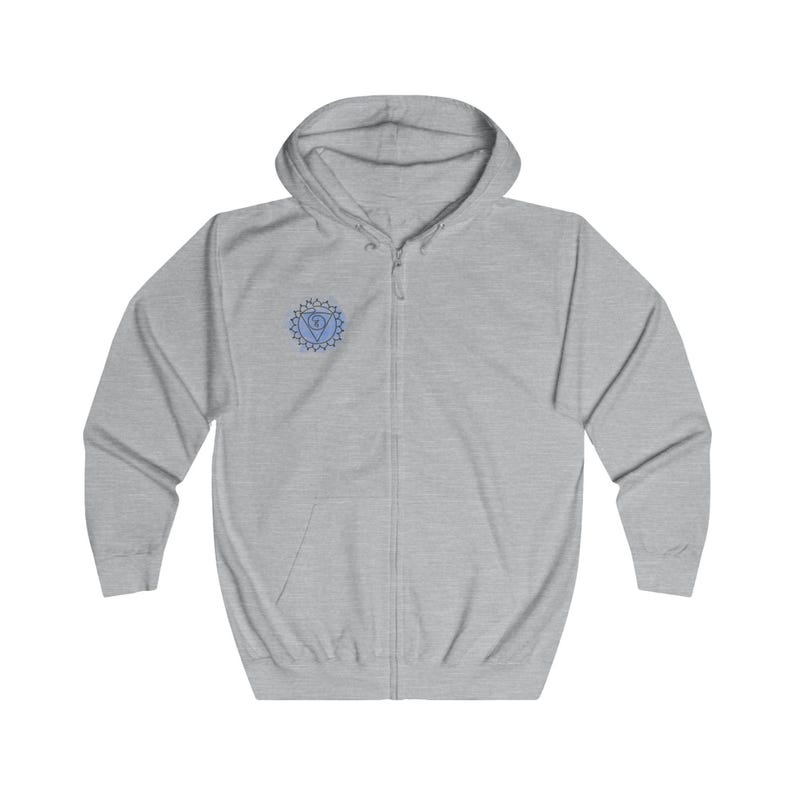 Soft cotton blend Vishuddha Throat Chakra hoodie, ideal for spiritual growth and mindful living.