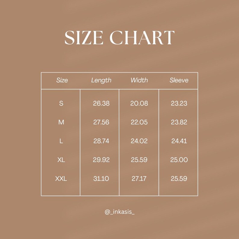 Size chart in inches for Bella Canvas 3001 unisex t-shirt showing measurements for XS, S, M, L, XL and XXL including length, width and sleeve length on a beige background.