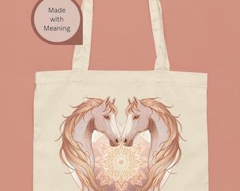 Borsa tote con mandala a forma di cuore e cavallo, regalo ideale per le amanti della natura.