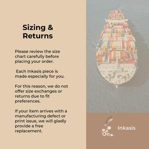 Sizing and returns information image explaining made to order items, no size exchanges, and free replacement for manufacturing defects