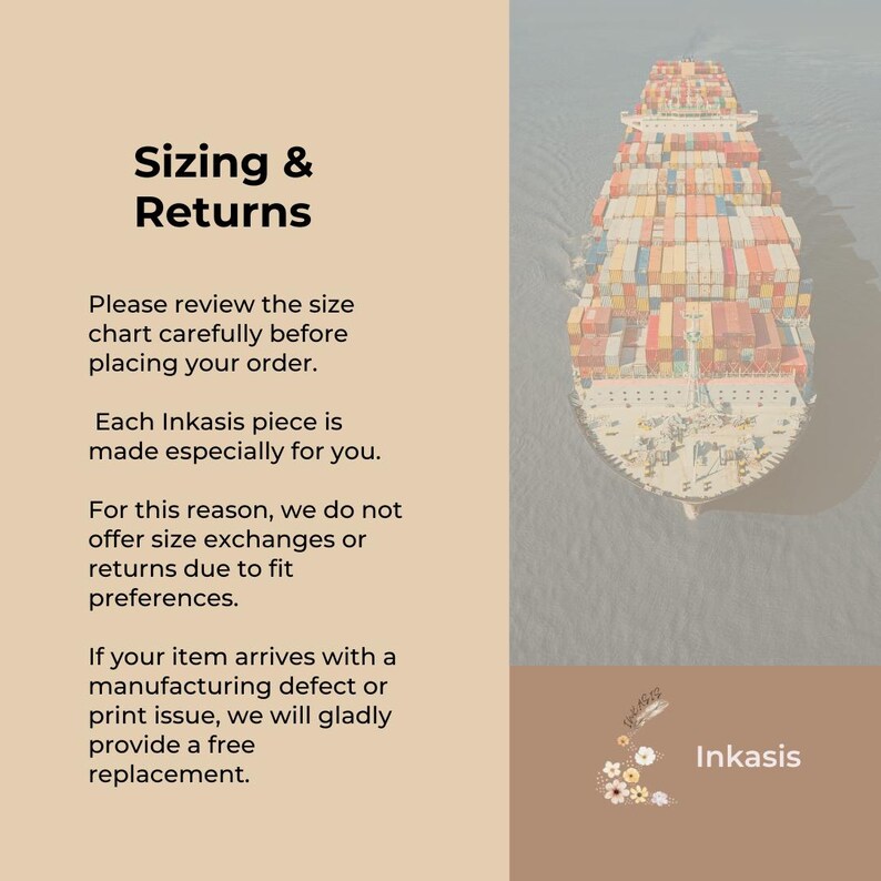 Sizing and returns information image explaining made to order items, no size exchanges, and free replacement for manufacturing defects
