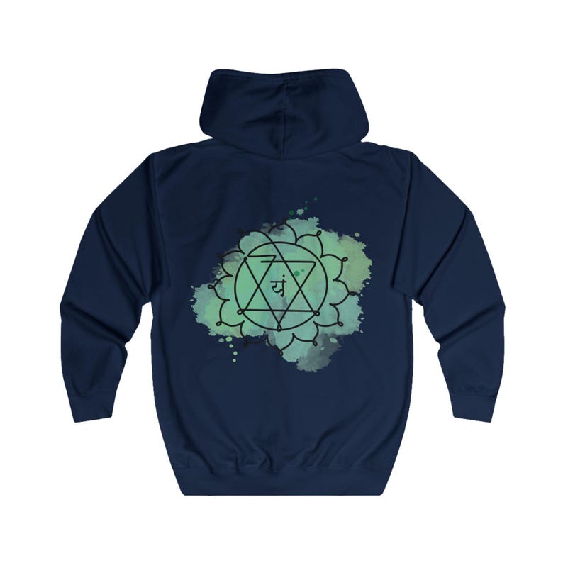 The back of the navy hoodie features a vibrant, large Anahata chakra print, representing love, harmony, and self-healing.