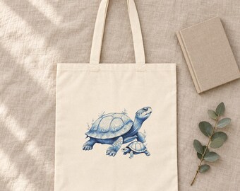 Bolso de mano con diseño de tortuga marina, bolso de lona de algodón con diseño de familia de tortugas azules, regalo para amantes del océano.