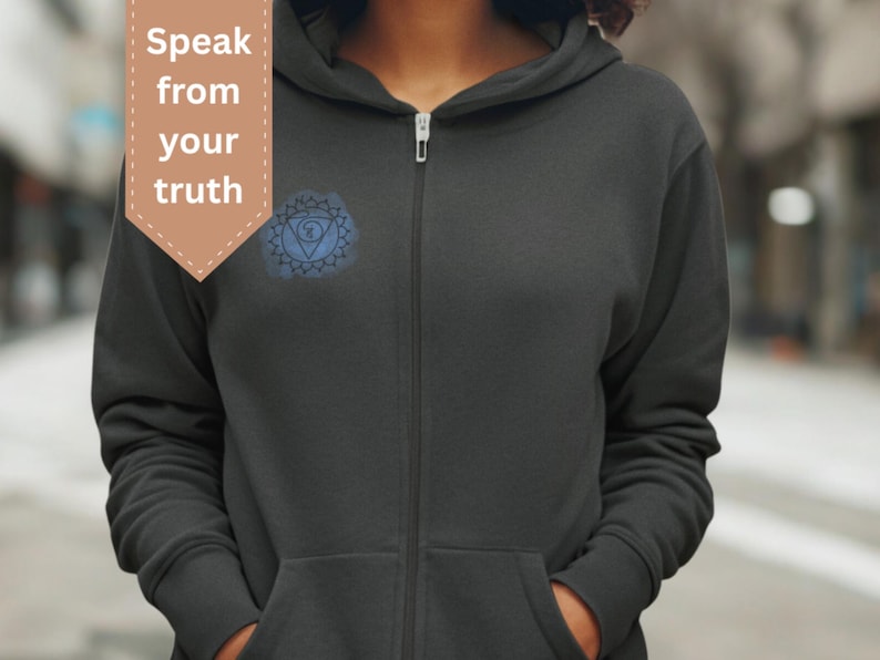 Dark gray unisex zip hoodie featuring throat chakra mandala design. Spiritual hoodie inspired by self-expression, authenticity and inner voice, created for mindful everyday wear.