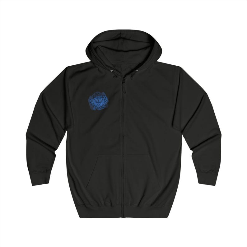 Vibrant blue Vishuddha Throat Chakra Hoodie, embodying energy, creativity, and personal truth.
