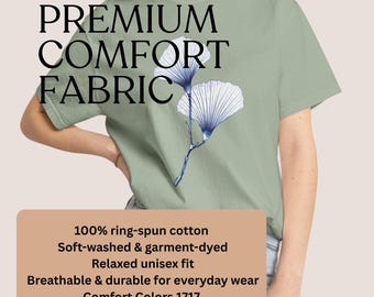 Camiseta con estampado de hojas de ginkgo: Camiseta botánica de estilo de vida relajado, algodón teñido en prenda.