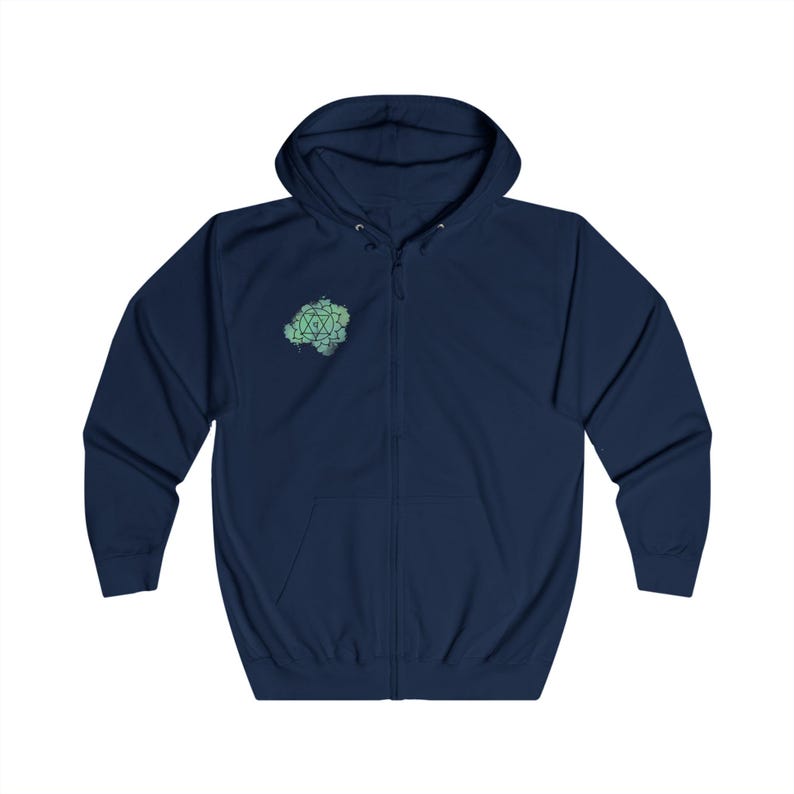 A rich navy blue full-zip hoodie adorned with a small Anahata chakra symbol on the right chest. Comfortable fit and elegant design for mindful living.