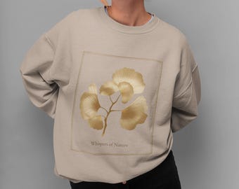 Sudadera con estampado de hojas de ginkgo, cuello redondo botánico minimalista, regalo para amantes de la naturaleza.