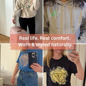 Real lifestyle photos of Inkasis sweatshirt and t-shirts worn in everyday settings, showing true fit, natural lighting, and authentic colors.