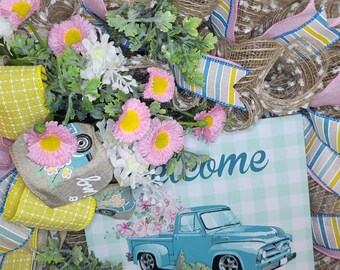 Spring Wreath with Blue Truck