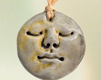 Moon Face Ornament- Soda-Fired Ceramic Christmas Decor - Handmade Housewarming Gift