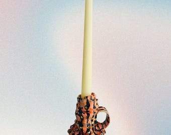 Candlestick Holder - Loop Handle - Orange Black Gold - Goth Earthy Chic  - Functional Home Decor