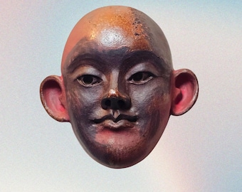 Wall Art Mask - Decorative Ceramic - Earthy Face with Warm Colors - Watchful Expression - Home Decor