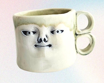 Ghostie Smug Mug - Functional Handmade Pottery Mug - Wood-Fired Porcelain - Cheeky Little Face