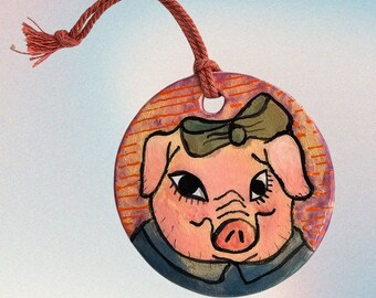 Girlie Pig - Hand Painted Ceramic Animal Circle Ornament - Gift, Housewarming, Decor - Winter Celebration