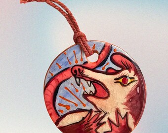 Shocked Opossum - Hand Painted Ceramic Animal Circle Ornament - Gift, Housewarming, Decor - Winter Celebration