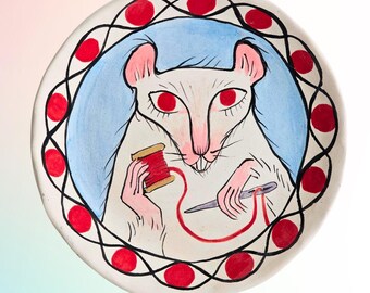 Hand Painted Rat Art Plate – Albino Fancy Rat with Needle - Decorative Ceramic Wall Hanging