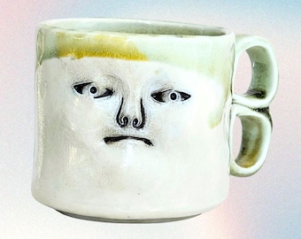 Ghostie Smug Mug -Functional Handmade Pottery Mug - Wood-Fired Porcelain - Cheeky Little Face