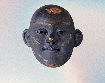 Wall Art Mask - Decorative Ceramic - Earthy Blue Colors - Watchful Expression - Home Decor