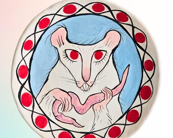 Hand Painted Rat Art Plate – Albino Fancy Rat with Worm - Decorative Ceramic Wall Hanging
