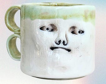 Ghostie Smug Mug - Functional Handmade Pottery Mug - Wood-Fired Porcelain - Cheeky Little Face