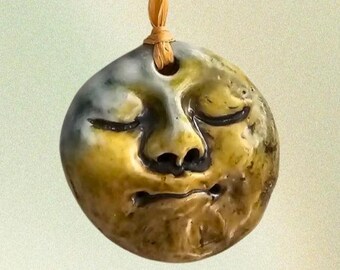 Moon Face Ornament- Soda-Fired Ceramic Christmas Decor - Handmade Housewarming Gift