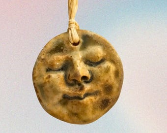 Moon Face Ornament- Wood-Fired Ceramic Christmas Decor - Handmade Housewarming Gift