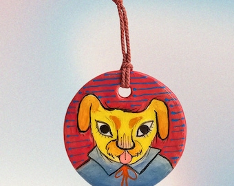 Yellow Dog - Hand Painted Ceramic Animal Circle Ornament - Gift, Housewarming, Decor - Winter Celebration