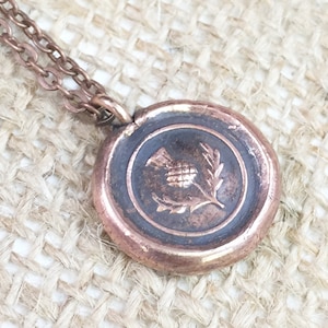 Scottish Thistle Antique Wax Seal Charm Necklace - Copper Pendant